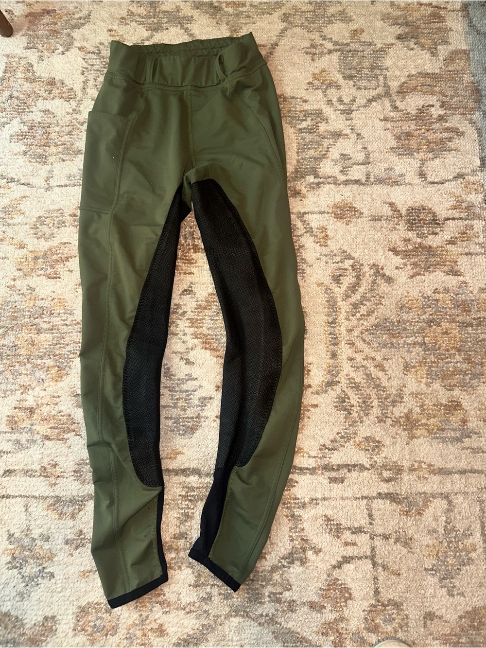 FITS Riding Olive Green Leggings with Black Mesh Panels